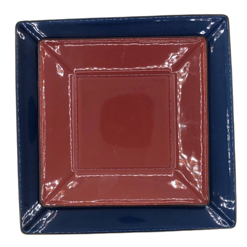 2 Pottery Barn Asian Square Blue 10.5 Red 8.25 Plate Tan Edge Dishes Japan